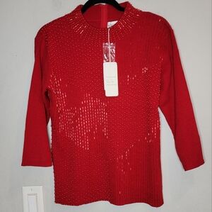 Vintage Red‎ Emebellished Knit Mock Neck Sweater Size XL Runs Small